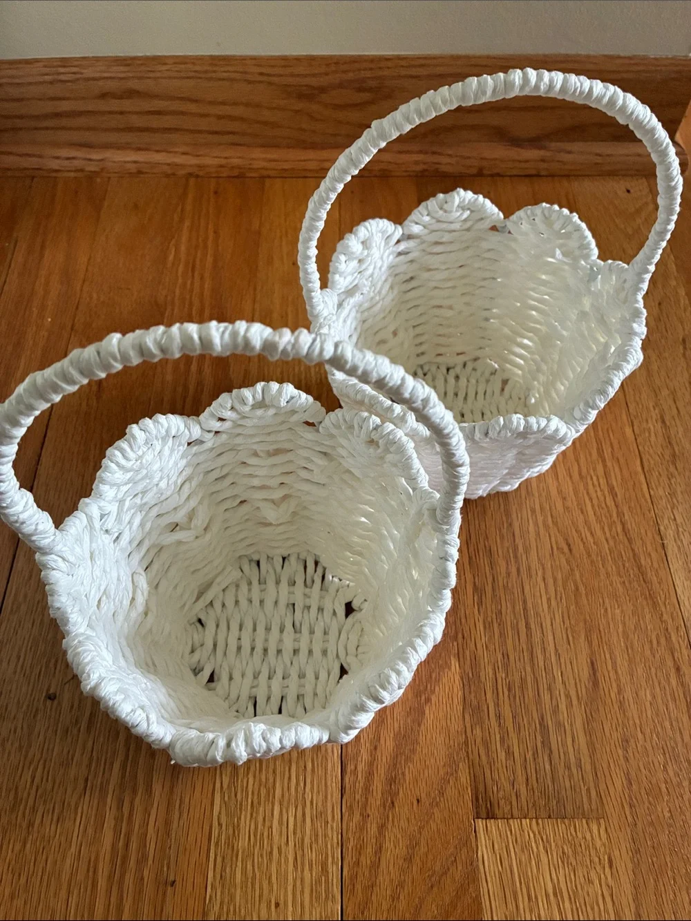 Woven White Decorative Flower Girl Basket with Handle - Set of 2
